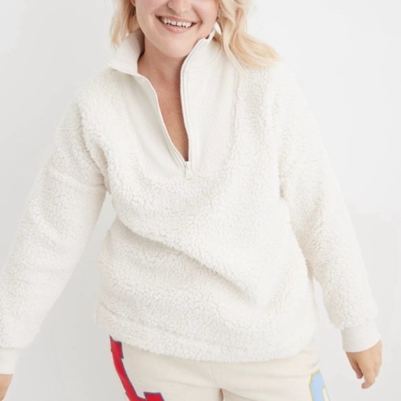 NWT Aerie Dream Sherpa Quarter Zip Sweatshirt - Large - Ivory White - Picture 4 of 7